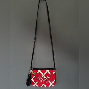 Brighton Bird Print Crossbody Bag Red Cream Canvas Tassel
